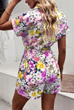 Floral Drawstring Lapel Collar Romper with Pockets Playsuit