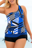 Sunset and Swim Plus Size Patchwork Tied One-Shoulder Tankini Set