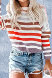 Sweet Striped Patchwork O Neck Tops