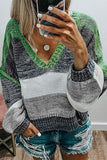 Sweet Color Block Patchwork V Neck Sweaters(4 Colors)