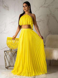 2 Piece Boho Off Shoulder Crop Top+Pleated Skirts Sets Loveclb