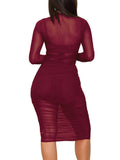 3 Piece Long Sleeve Ruched Sheer Mesh Bodycon Dresses Loveclb