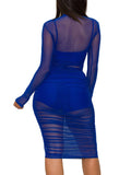 3 Piece Long Sleeve Ruched Sheer Mesh Bodycon Dresses Loveclb