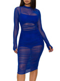 3 Piece Long Sleeve Ruched Sheer Mesh Bodycon Dresses Loveclb