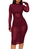 3 Piece Long Sleeve Ruched Sheer Mesh Bodycon Dresses Loveclb