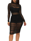 3 Piece Long Sleeve Ruched Sheer Mesh Bodycon Dresses Loveclb