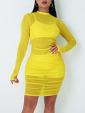 3 Piece Long Sleeve Ruched Sheer Mesh Bodycon Dresses Loveclb