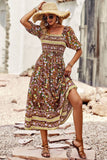 Bohemian Square Neck Short Sleeve Midi Dress