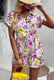 Floral Drawstring Lapel Collar Romper with Pockets Playsuit