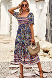 Bohemian Square Neck Short Sleeve Midi Dress