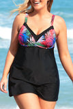 Plus Size Botanical Print Two-Tone Two-Piece Tankini Swimsuit