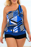 Sunset and Swim Plus Size Patchwork Tied One-Shoulder Tankini Set