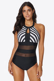 Striped Cutout Spliced Mesh Halter Neck DD+ swimwear One-Piece Swimsuit