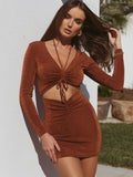 Cut Out Long Sleeve Drawstring Ruched Mini Dress Loveclb