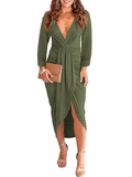 Deep V Neck Ruched Solid Midi Dresses Loveclb