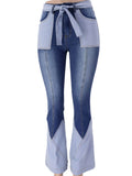 Denim Color Block Flare Jeans With Belt Loveclb