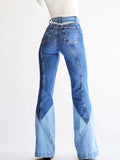 Denim Color Block Flare Jeans With Belt Loveclb