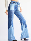 Denim Color Block Flare Jeans With Belt Loveclb