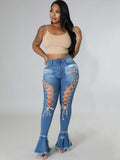 Denim Criss Cross Ripped Bodycon Flare Jeans Loveclb