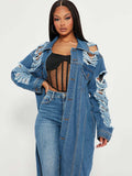 Denim Long Sleeve Ripped Bodycon Coats Loveclb