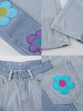 Denim Patchwork Floral Print Straight Jeans Loveclb