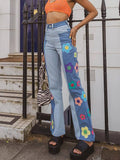 Denim Patchwork Floral Print Straight Jeans Loveclb