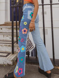 Denim Patchwork Floral Print Straight Jeans Loveclb