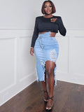 Denim Ripped Asymmetrical Hem Midi Skirts