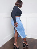 Denim Ripped Asymmetrical Hem Midi Skirts Loveclb