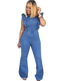 Denim Ruffle Sleeveless Zip Up Jumpsuit Loveclb