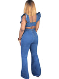 Denim Ruffle Sleeveless Zip Up Jumpsuit Loveclb