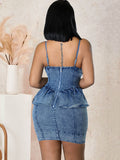 Denim Spaghetti Strap Ruffle Bodycon Mini Dresses Loveclb