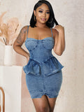 Denim Spaghetti Strap Ruffle Bodycon Mini Dresses Loveclb