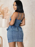 Denim Spaghetti Strap Ruffle Bodycon Mini Dresses Loveclb