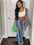 Denim Tassel Criss Cross Wide Leg Pants Loveclb