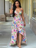 Floral Print Halter Asymmetrical Boho Midi Dress