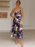 Floral Print V Neck Backless Maxi Dresses