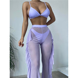 3 Piece Bikini Set With Transparent Mesh Ruffled Beach Cover Up Pants