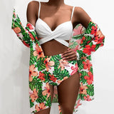 Modest 3 PCS White Floral Swimsuit Push up High Waist Swimwear Cover Up Set