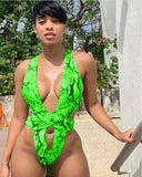 Neon Snake Bandage Cut Out Thong Swimsuit