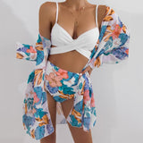 Modest 3 PCS White Floral Swimsuit Push up High Waist Swimwear Cover Up Set