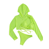 Sexy Neon 3 Piece Bikini Set With Cover Up Hoodie Crop Top