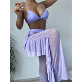 3 Piece Bikini Set With Transparent Mesh Ruffled Beach Cover Up Pants