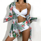 Modest 3 PCS White Floral Swimsuit Push up High Waist Swimwear Cover Up Set