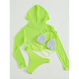 Sexy Neon 3 Piece Bikini Set With Cover Up Hoodie Crop Top