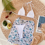 Premium Halter Butterfly Printed Bikini Set With Beach Cover Up Skirt