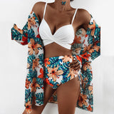 Modest 3 PCS White Floral Swimsuit Push up High Waist Swimwear Cover Up Set