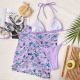 Premium Halter Butterfly Printed Bikini Set With Beach Cover Up Skirt