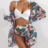 Modest 3 PCS White Floral Swimsuit Push up High Waist Swimwear Cover Up Set