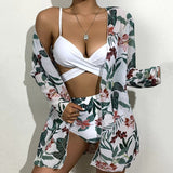 Modest 3 PCS White Floral Swimsuit Push up High Waist Swimwear Cover Up Set